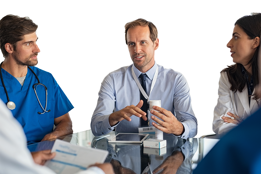 A locum tenens recruiter talking with two physicians.