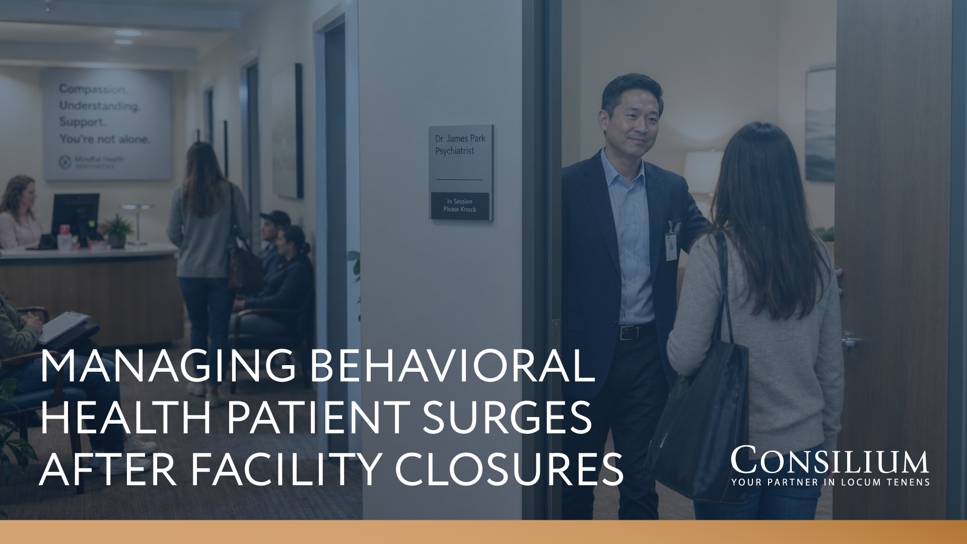 Asian American psychiatrist, Dr. James Park, welcomes his next patient with a full waiting room in the background. The sign in the background reads compassion, understanding, support. You're not alone.