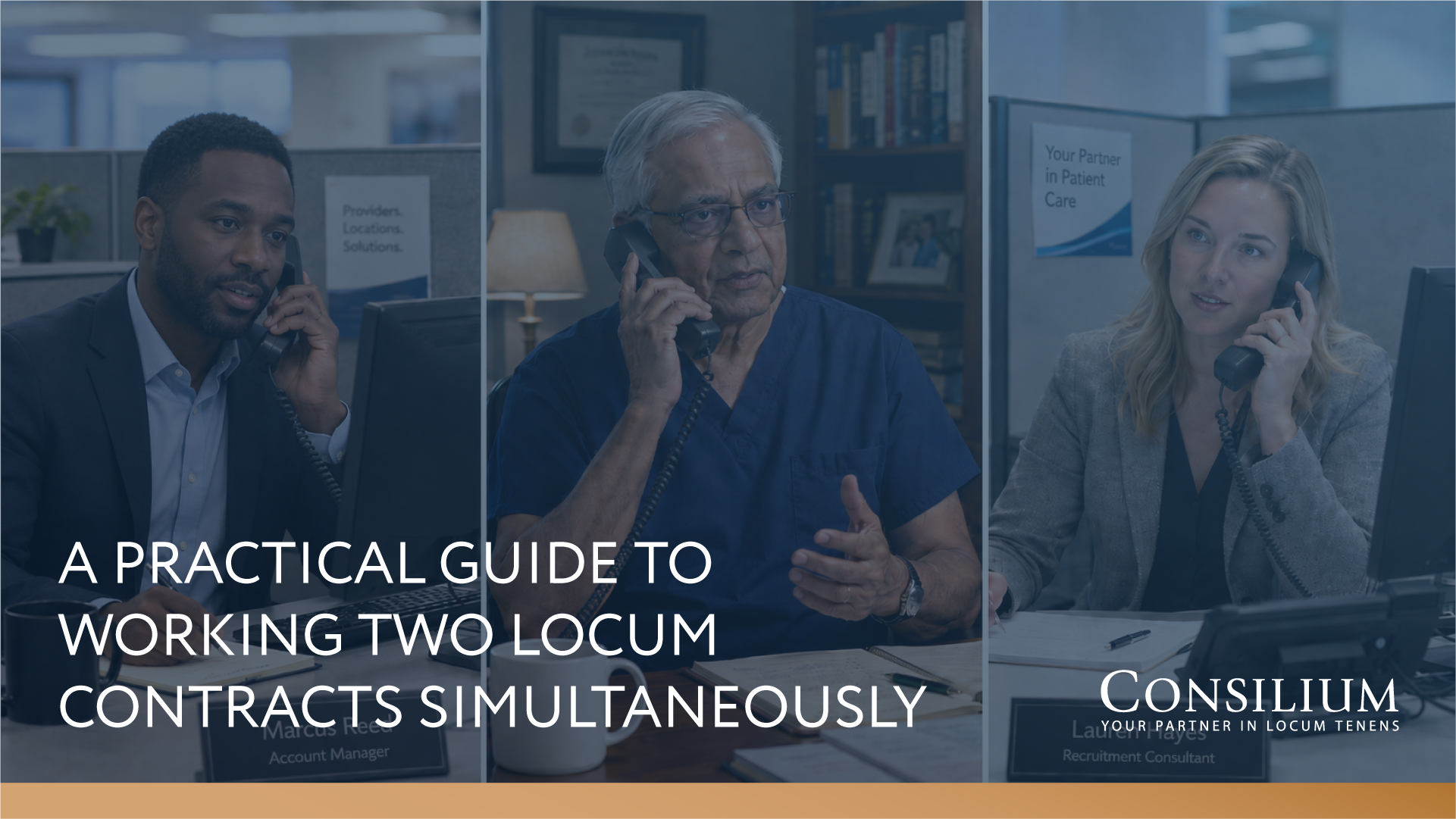 Locum doctor coordinating with two healthcare facility leaders to demonstrate how locum doctors can work two locum contracts simultaneously